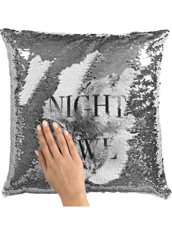 Night Owl Themed Sequin  Decorative Throw Pillow White/Silver/Black 40x40cm - Image 2
