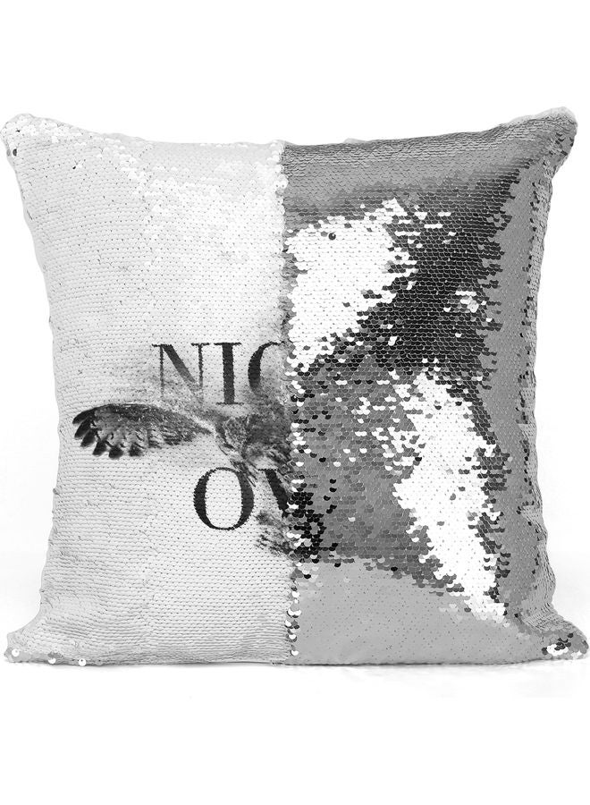 Night Owl Themed Sequin  Decorative Throw Pillow White/Silver/Black 40x40cm - Image 3