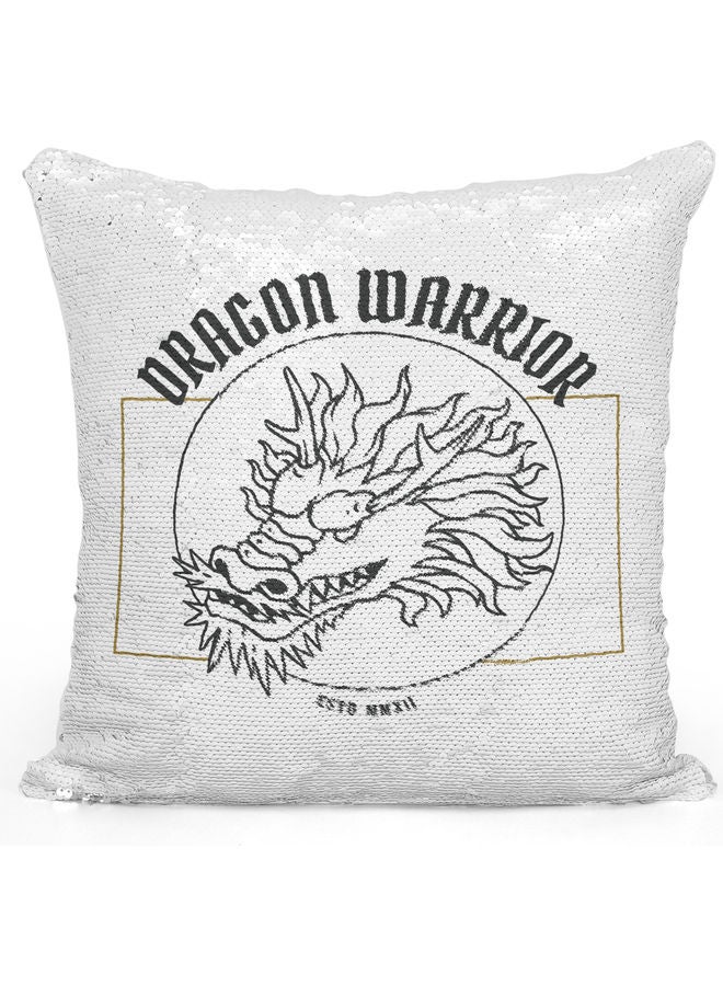 Dragon Warrior Themed Sequin Decorative Throw Pillow White/Black/Silver 40x40cm - Image 1