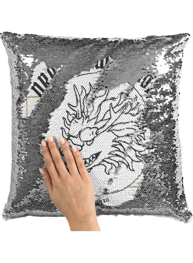 Dragon Warrior Themed Sequin Decorative Throw Pillow White/Black/Silver 40x40cm - Image 2