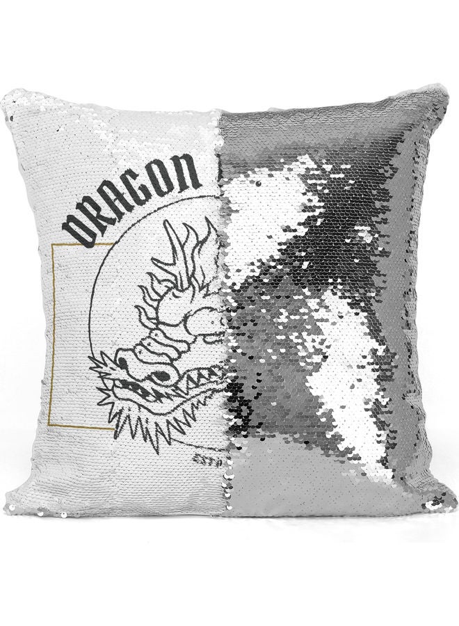 Dragon Warrior Themed Sequin Decorative Throw Pillow White/Black/Silver 40x40cm - Image 3