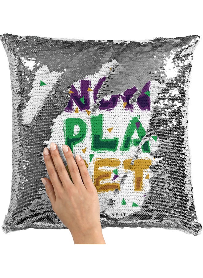Non Placet Printed Sequin Decorative Throw Pillow White/Green/Silver 40x40cm - Image 2