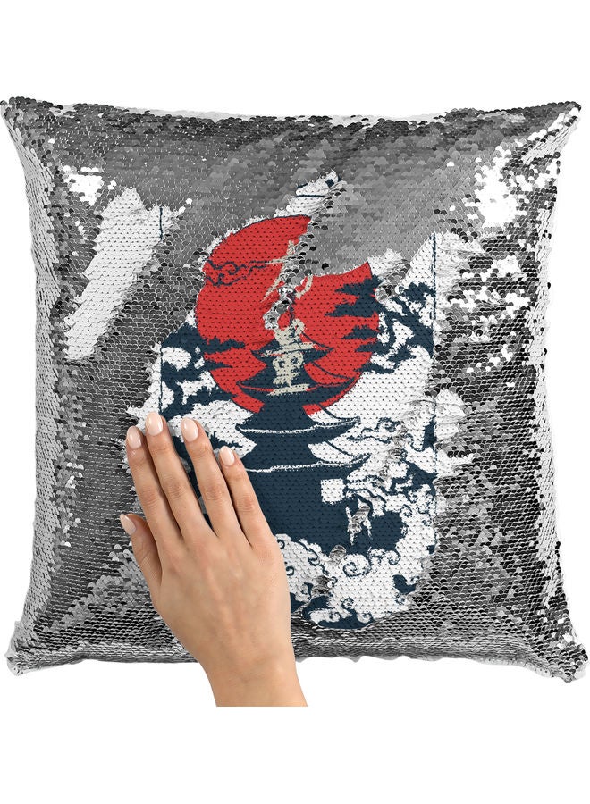 وسادة زينة للديكور مزينة بالترتر بتصميم محارب ياباني أبيض/أحمر/فضي 40x40سم - Image 2