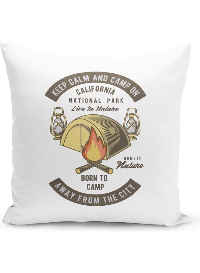 Keep Calm Camping Printed Decorative Throw Pillow White/Yellow/Brown 40x40cm - Image 1