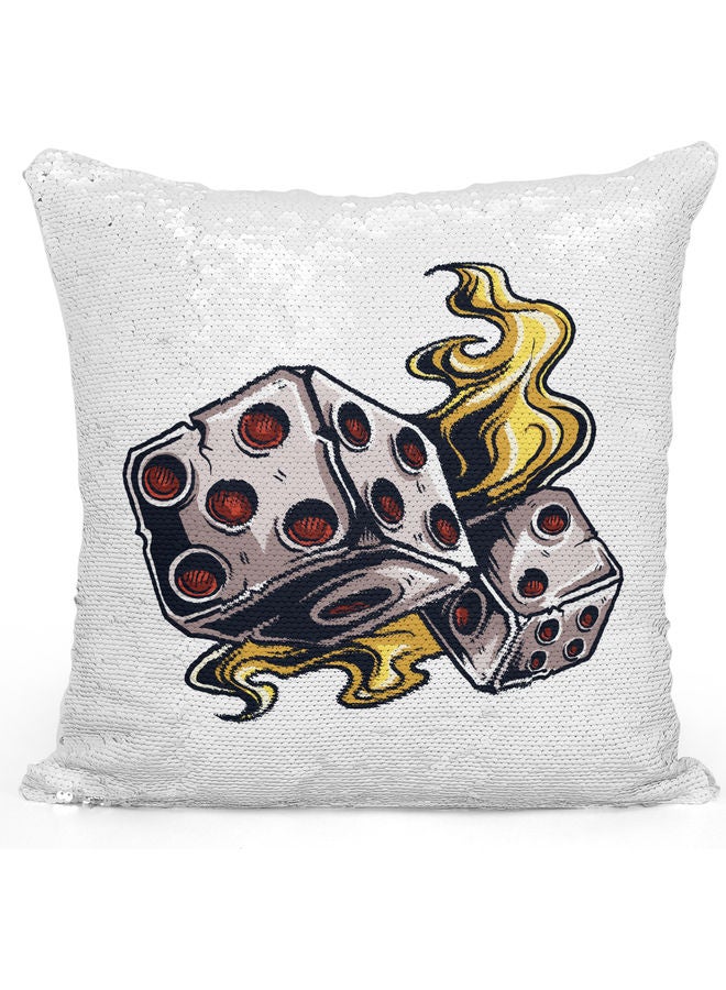 Dice Themed Sequin Decorative Throw Pillow White/Yellow/Silver 40x40cm - Image 1