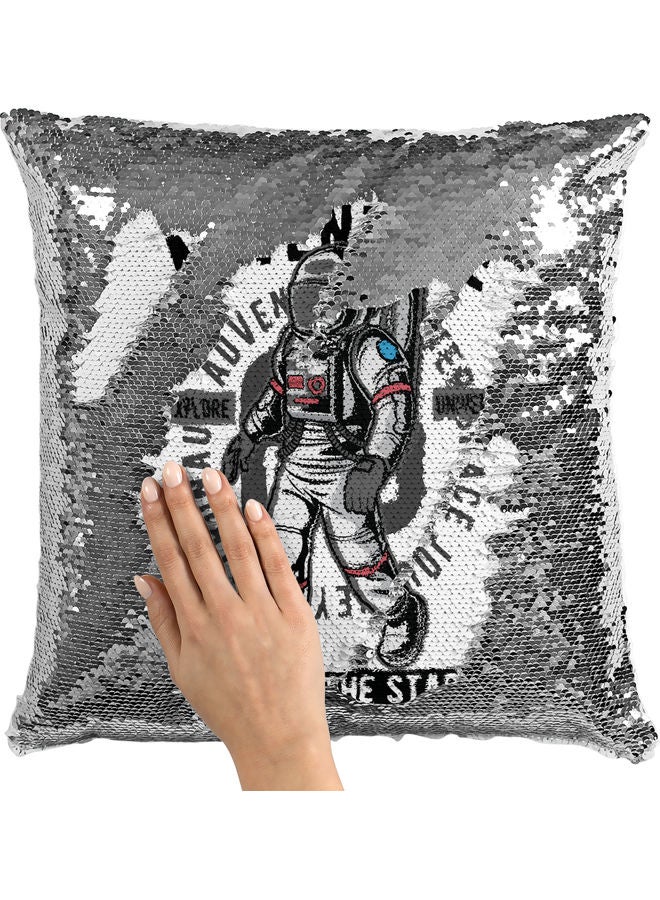 Astronaut Themed Sequin Decorative Throw Pillow White/Grey/Silver 40x40cm - Image 2