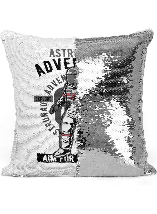 Astronaut Themed Sequin Decorative Throw Pillow White/Grey/Silver 40x40cm - Image 3