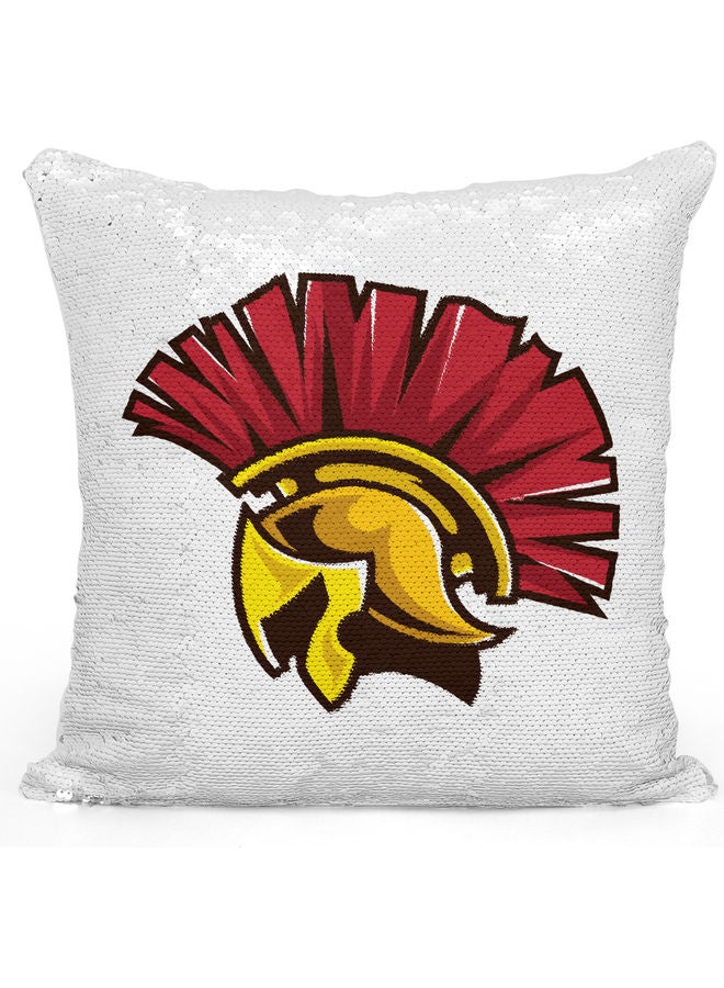 Spartan Helmet Themed Sequin Decorative Throw Pillow White/Yellow/Silver 40x40cm - Image 1