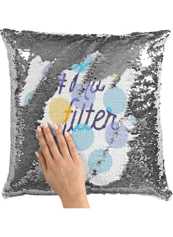 No Filter Quote Themed Sequin Decorative Throw Pillow White/Blue/Silver 40x40cm - Image 2