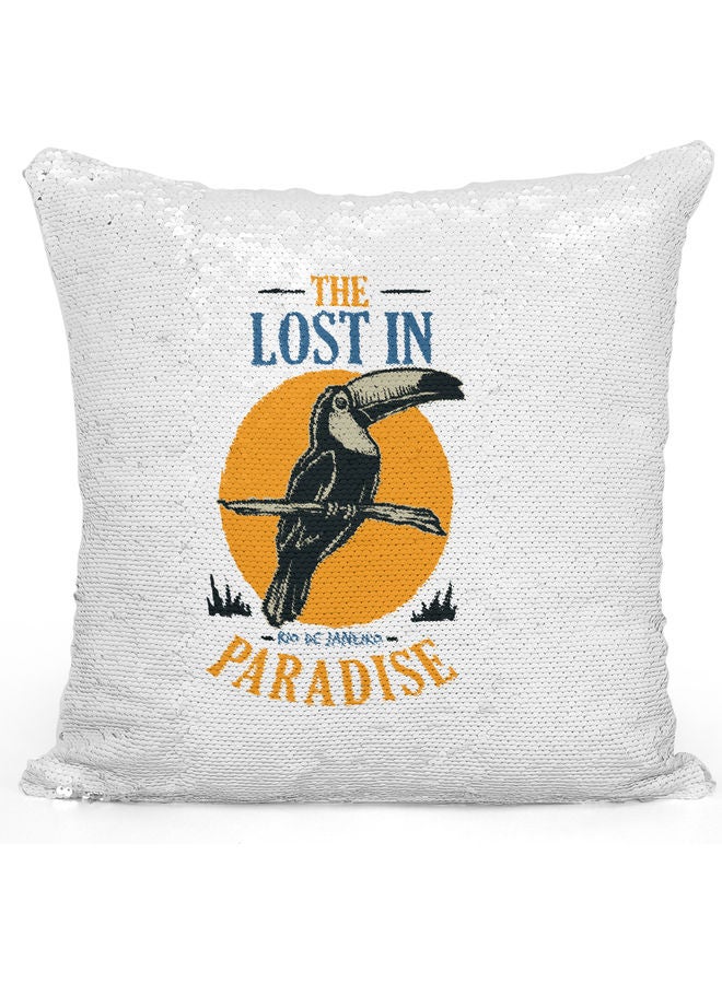 وسادة زينة للديكور مزينة بالترتر مطبوع عليها عبارة "Lost In Paradise" أبيض/ أصفر/ فضي 40x40سم - Image 1
