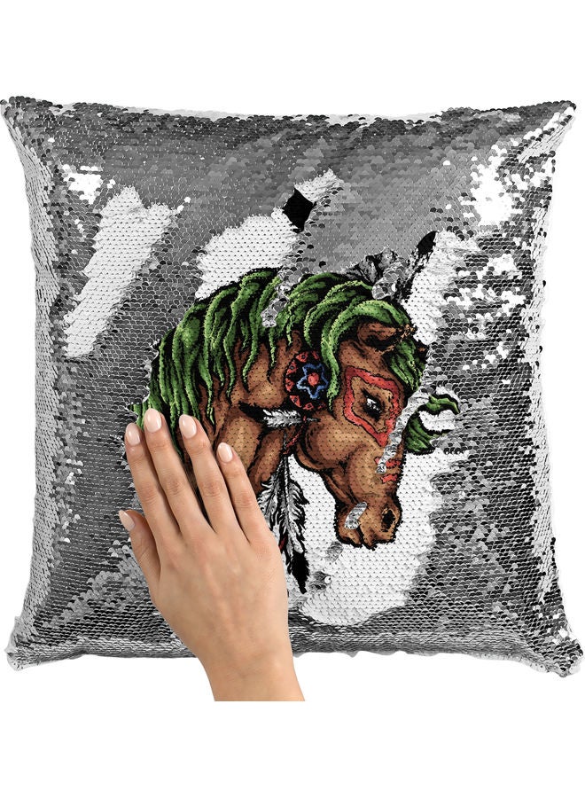 وسادة زينة مزخرفة بالترتر بطبعة حصان أبيض/ بني/ فضي 40x40سم - Image 2