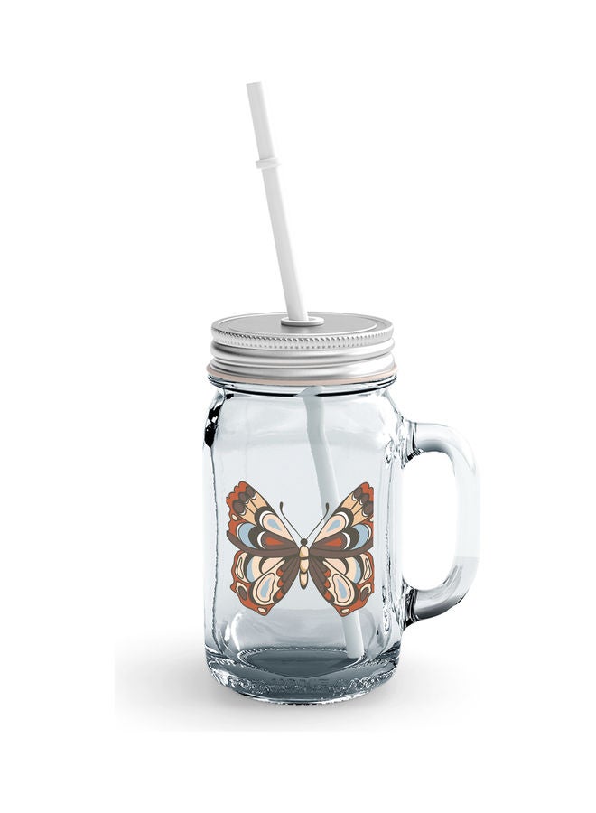 Red Brown Butterfly Theme Printed Mason Jar Clear - Image 1