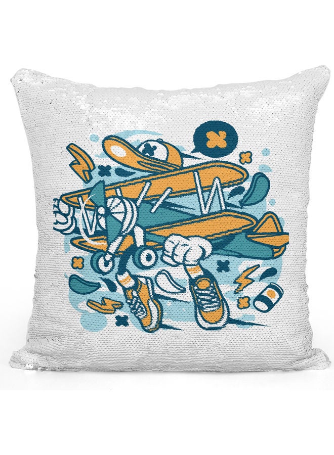Bi Plane Themed Sequin  Decorative Throw Pillow White/Silver/Blue 40x40cm - Image 1