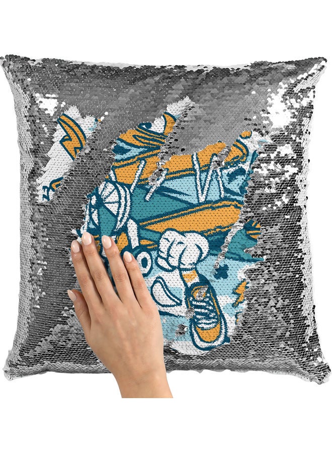 Bi Plane Themed Sequin  Decorative Throw Pillow White/Silver/Blue 40x40cm - Image 2