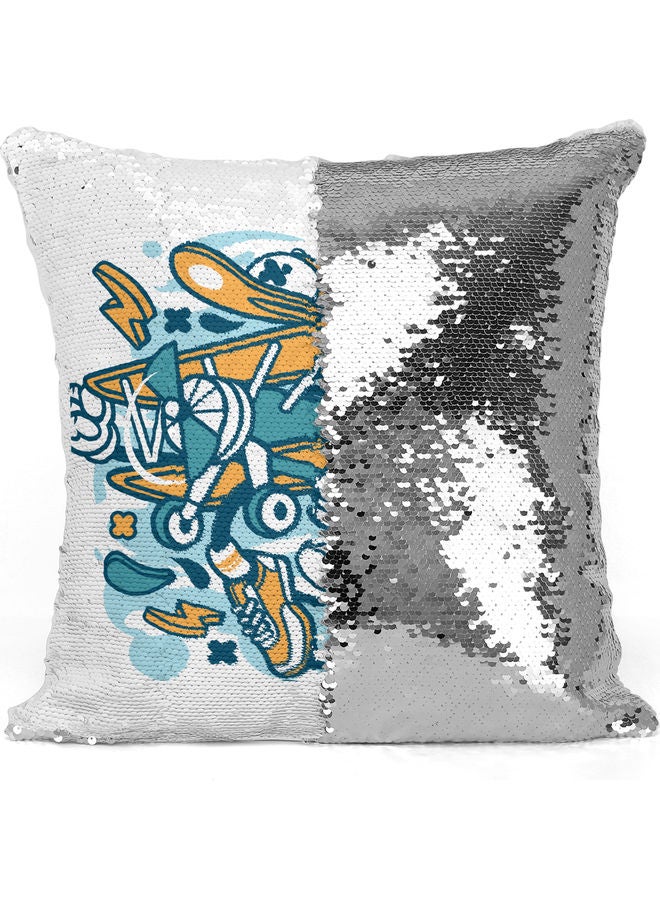 Bi Plane Themed Sequin  Decorative Throw Pillow White/Silver/Blue 40x40cm - Image 3