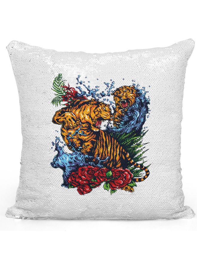 Lion Dragon  Themed Sequin  Decorative Throw Pillow White/Silver/Brown 40x40cm - Image 1