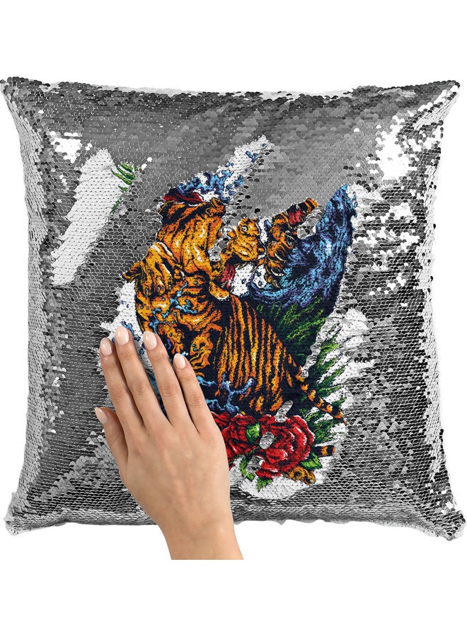 Lion Dragon  Themed Sequin  Decorative Throw Pillow White/Silver/Brown 40x40cm - Image 2