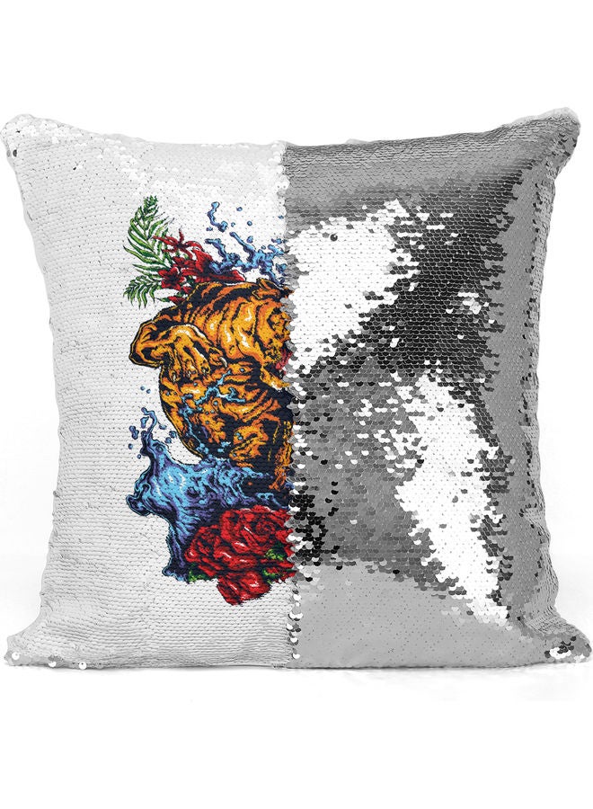 Lion Dragon  Themed Sequin  Decorative Throw Pillow White/Silver/Brown 40x40cm - Image 3