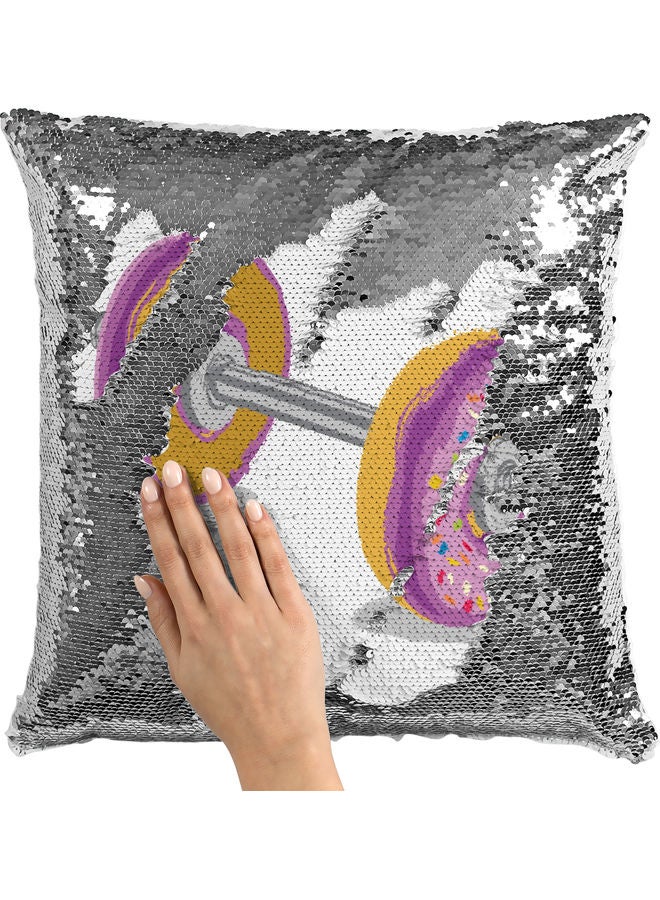 وسادة زينة مزينة بالترتر القلاب بتصميم دونات أبيض/ فضي/ أصفر 40x40سم - Image 2