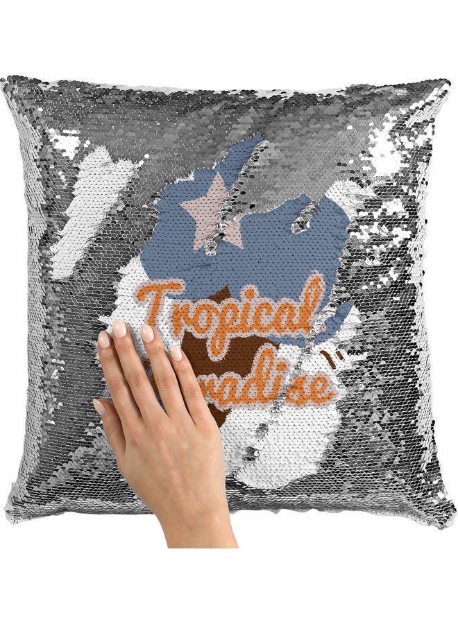 وسادة زينة مزخرفة بالترتر مطبوع عليها عبارة "Tropical Paradise" لون أبيض/ أزرق/ فضي 40x40سم - Image 2