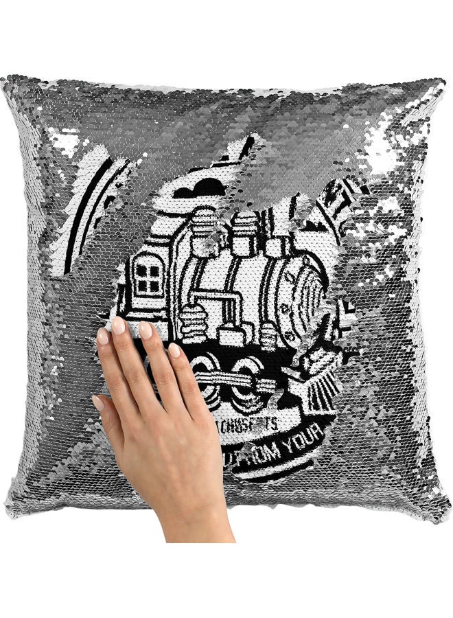 Locomotive Printed Sequin Decorative Throw Pillow White/Black/Silver 40x40cm - Image 2