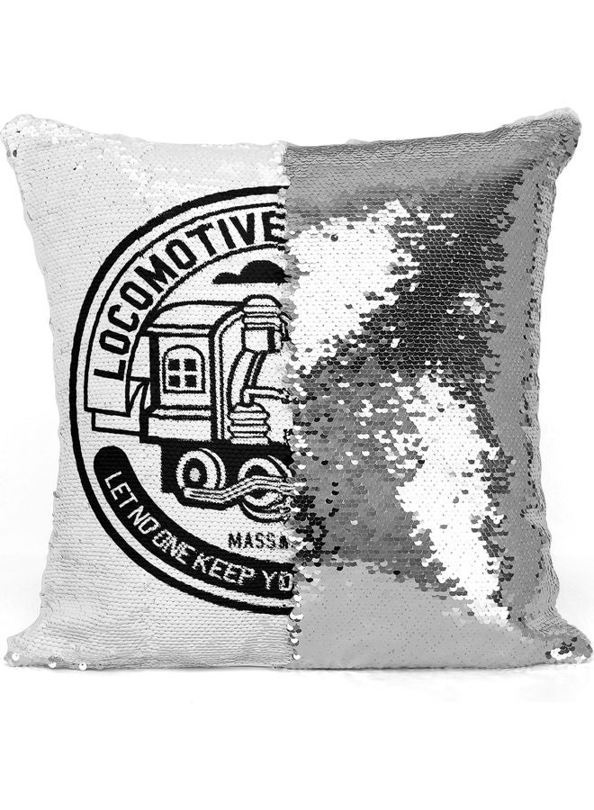 Locomotive Printed Sequin Decorative Throw Pillow White/Black/Silver 40x40cm - Image 3