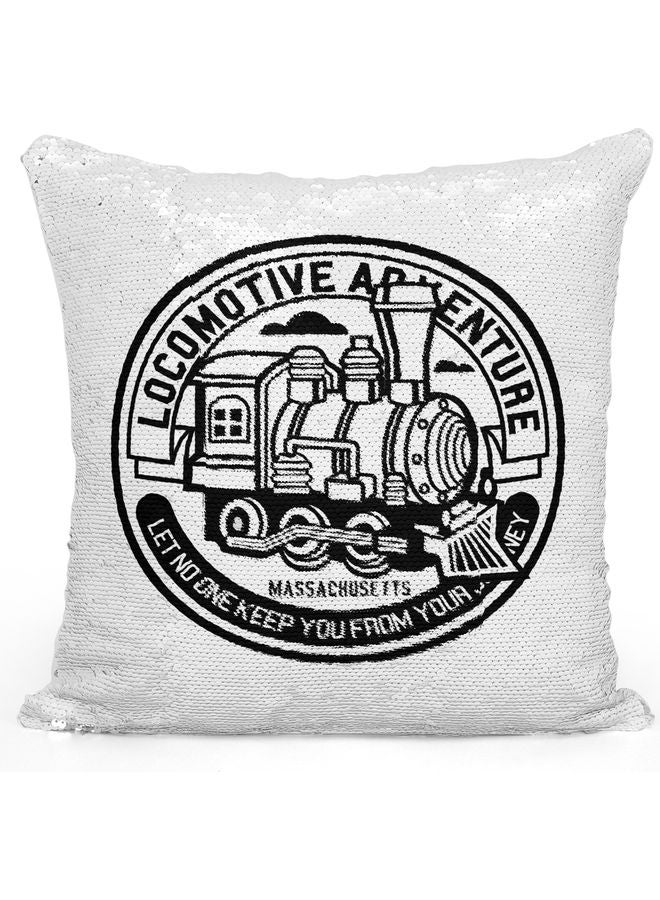 Locomotive Printed Sequin Decorative Throw Pillow White/Black/Silver 40x40cm - Image 1