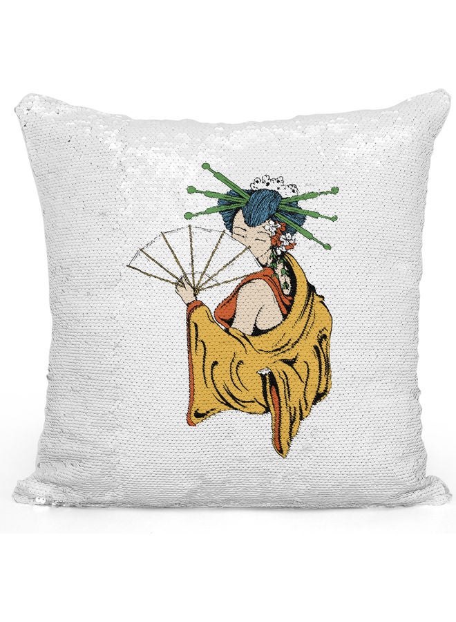 Kimonos Fan Themed Sequin Decorative Throw Pillow White/Yellow/Silver 40x40cm - Image 1