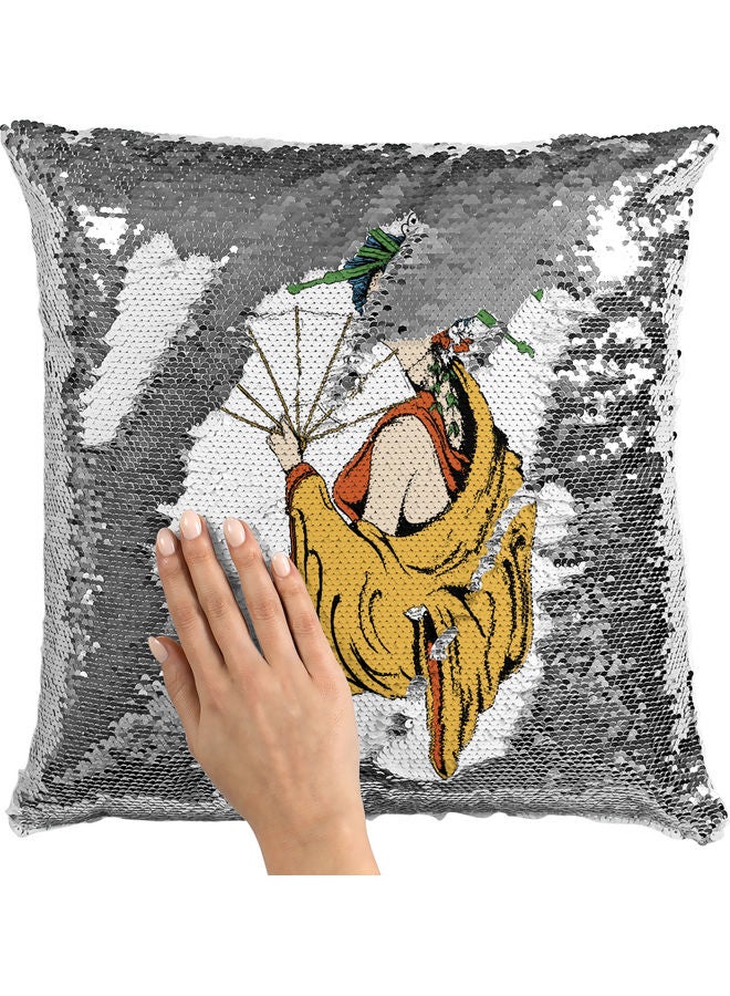Kimonos Fan Themed Sequin Decorative Throw Pillow White/Yellow/Silver 40x40cm - Image 2