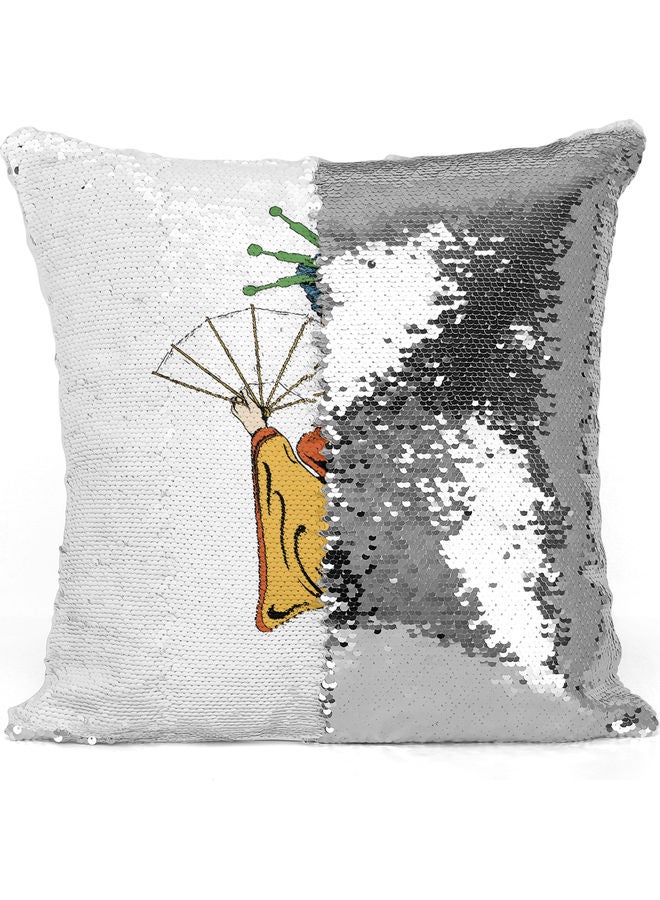 Kimonos Fan Themed Sequin Decorative Throw Pillow White/Yellow/Silver 40x40cm - Image 3