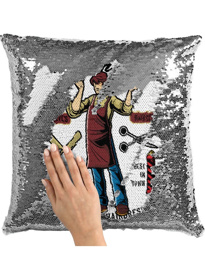 وسادة زينة مزينة بالترتر بتصميم محل الحلاق أبيض/ فضي/ بني 40x40سم - Image 2