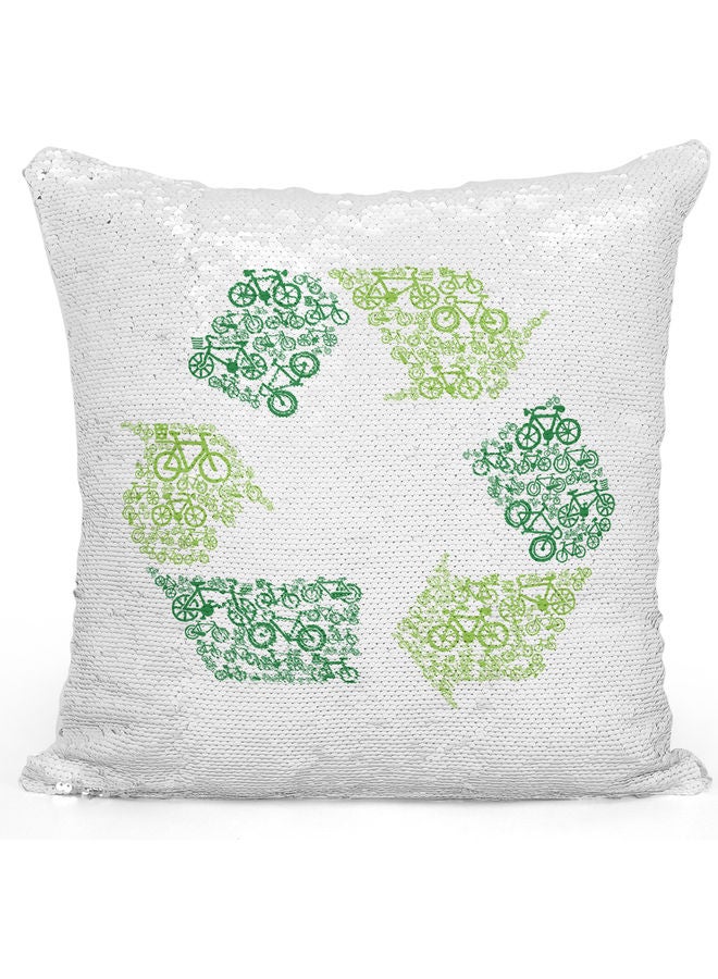 Recycle Sign Printed Sequin Decorative Throw Pillow White/Green/Silver 40x40cm - Image 1