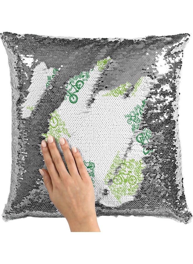 Recycle Sign Printed Sequin Decorative Throw Pillow White/Green/Silver 40x40cm - Image 2