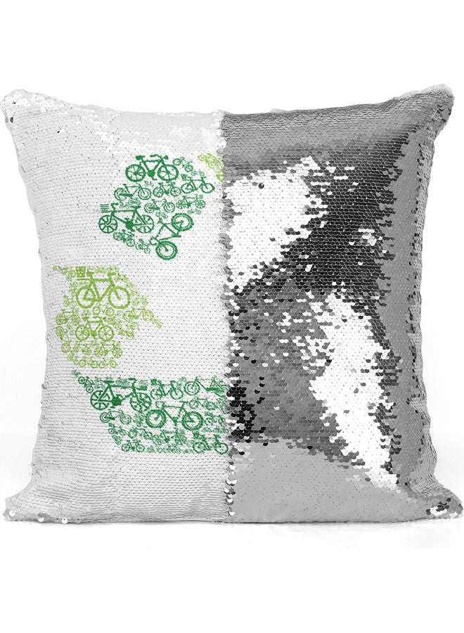 Recycle Sign Printed Sequin Decorative Throw Pillow White/Green/Silver 40x40cm - Image 3