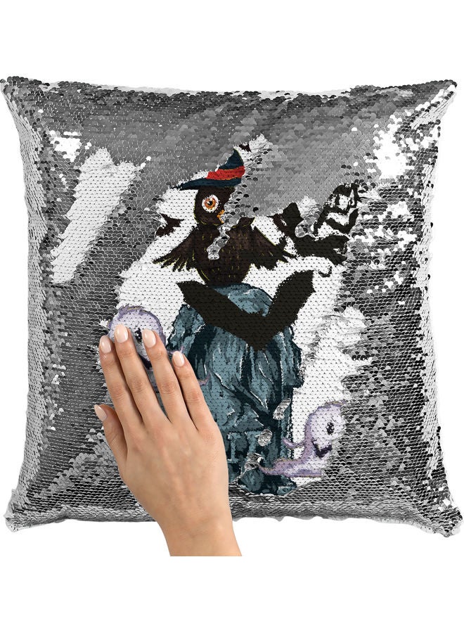 وسادة زينة للديكور مزينة بالترتر بطبعة بومة في المقبرة أبيض/ رمادي/ أسود 40x40سم - Image 2