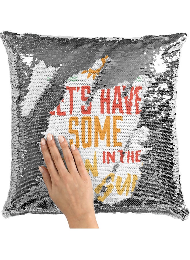 وسادة زينة للديكور مزينة بالترتر مطبوع عليها عبارة "Lets Have Fun" أبيض/ أصفر/ فضي 40x40سم - Image 2