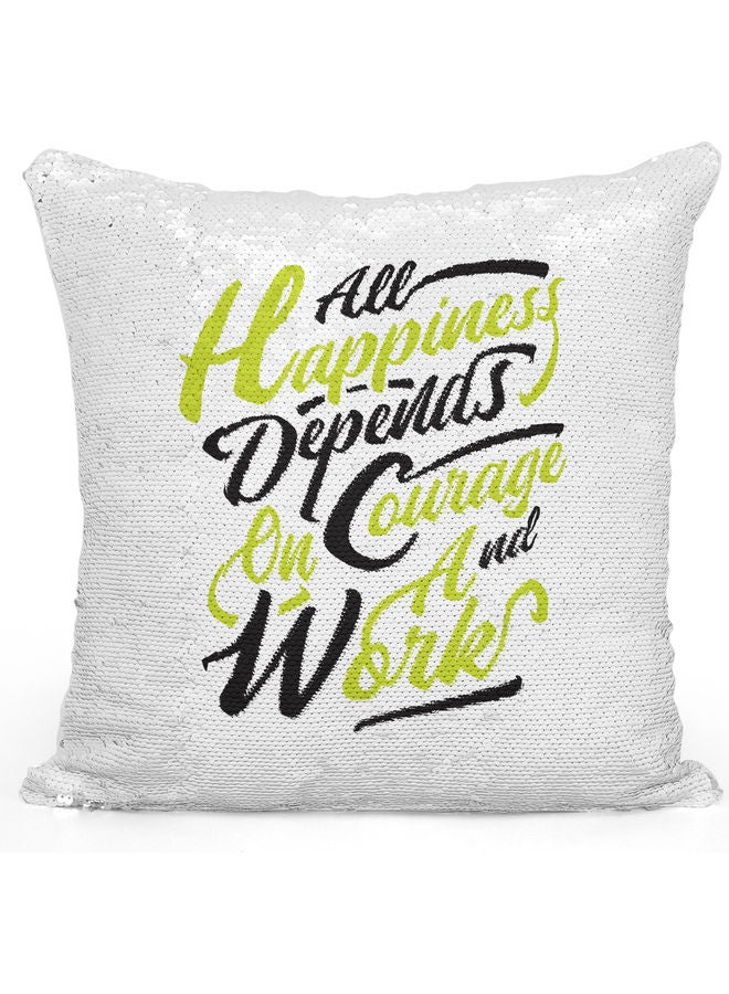 Happiness Quote Themed Sequin Decorative Throw Pillow White/Green/Silver 40x40cm - Image 1