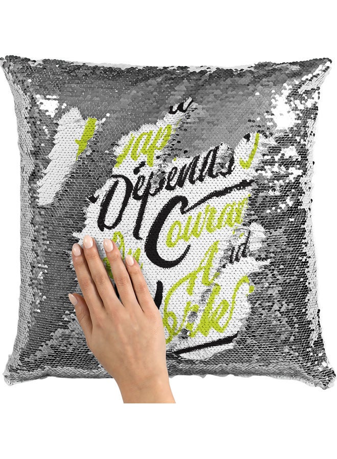 Happiness Quote Themed Sequin Decorative Throw Pillow White/Green/Silver 40x40cm - Image 2