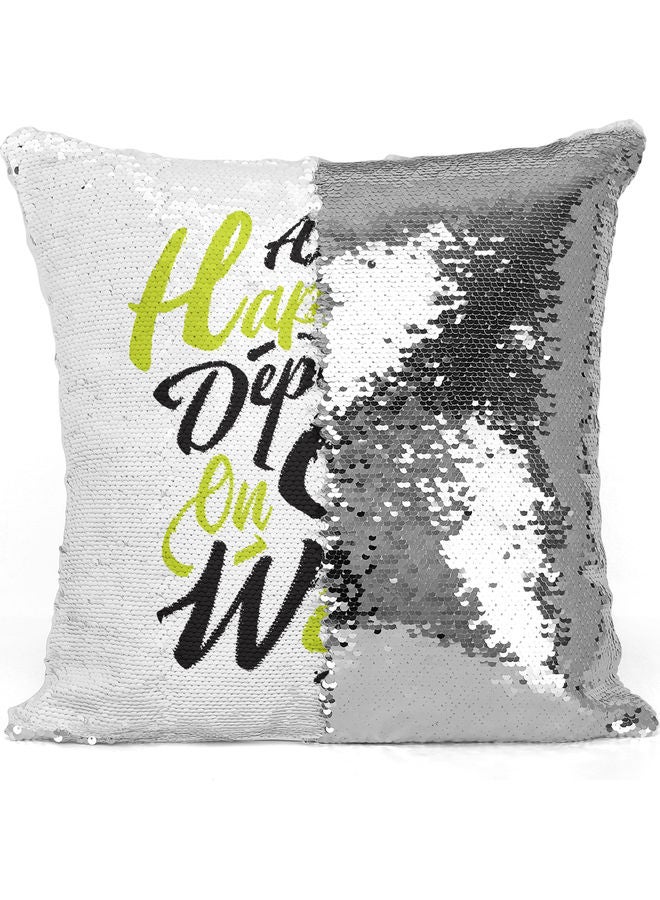 Happiness Quote Themed Sequin Decorative Throw Pillow White/Green/Silver 40x40cm - Image 3