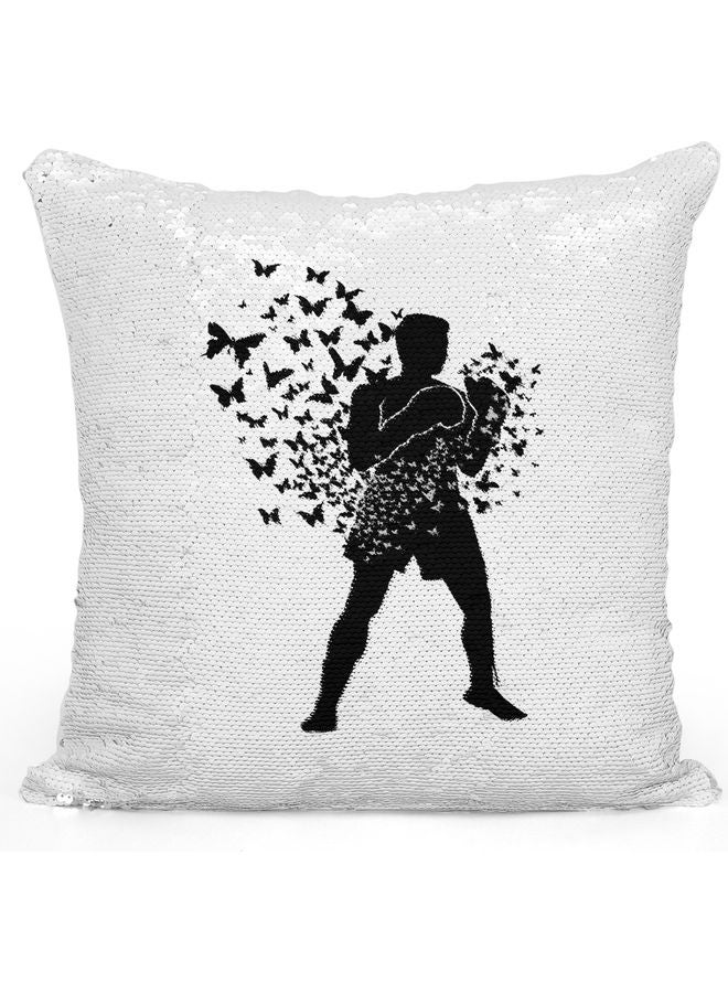 Fly Like A Butterfly Sequin Decorative Throw Pillow White/Silver/Black 40x40cm - Image 1