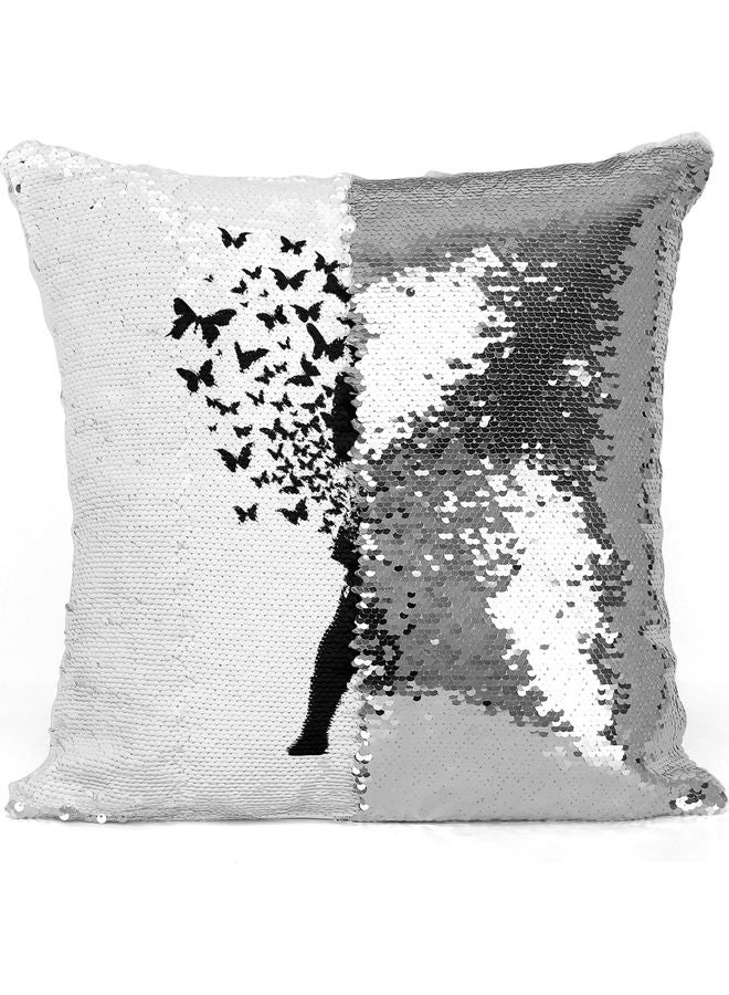 Fly Like A Butterfly Sequin Decorative Throw Pillow White/Silver/Black 40x40cm - Image 3