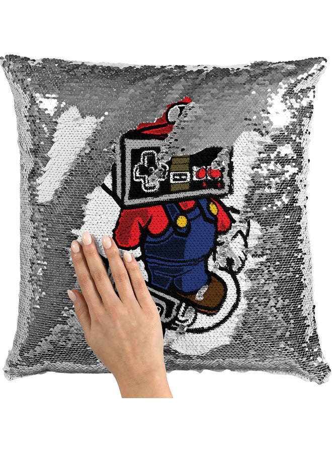 وسادة زينة مزينة بالترتر بطبعة ذراع تحكم ماريو بلون أحمر أبيض/ فضي/ أحمر 40x40سم - Image 2