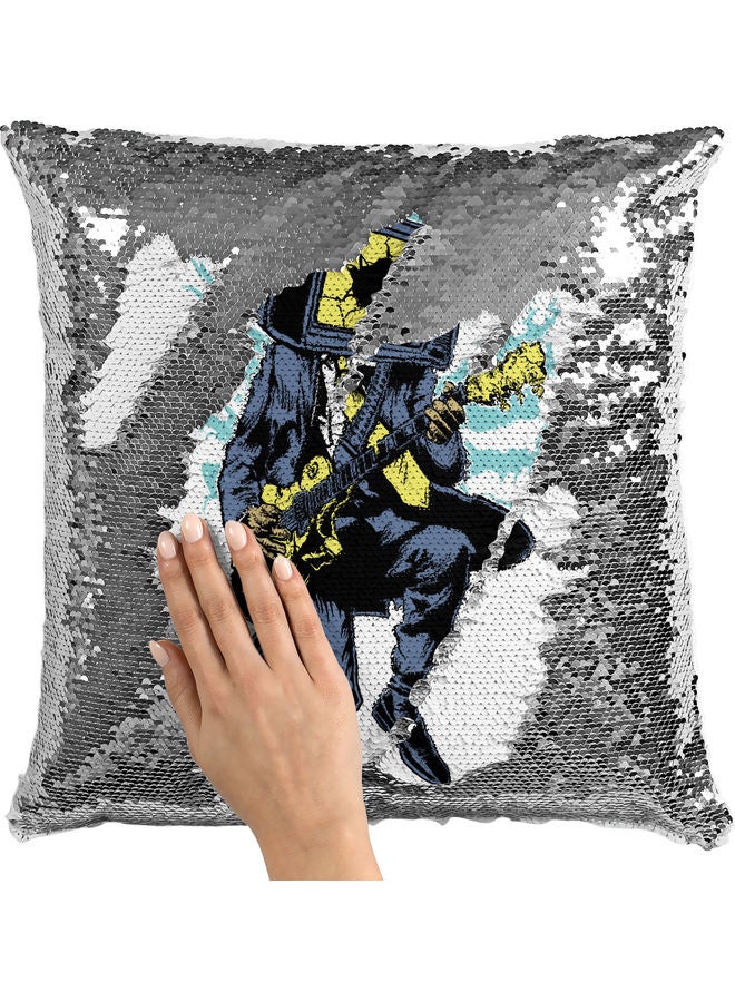 وسادة زينة مطرزة بالترتر بتصميم يعبر عن هدية عازف الجيتار أبيض/ فضي/ أزرق 40x40سم - Image 2