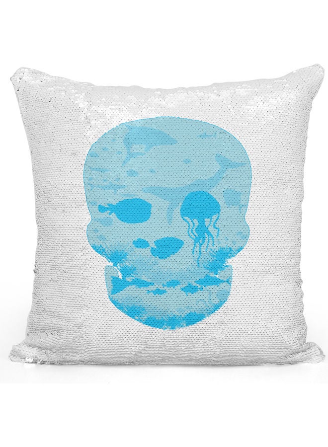 Skull Themed Sequin  Decorative Throw Pillow White/Silver/Blue 40x40cm - Image 1