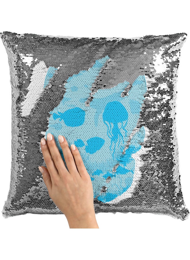 Skull Themed Sequin  Decorative Throw Pillow White/Silver/Blue 40x40cm - Image 2