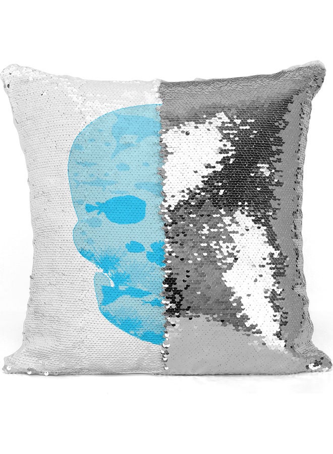 Skull Themed Sequin  Decorative Throw Pillow White/Silver/Blue 40x40cm - Image 3