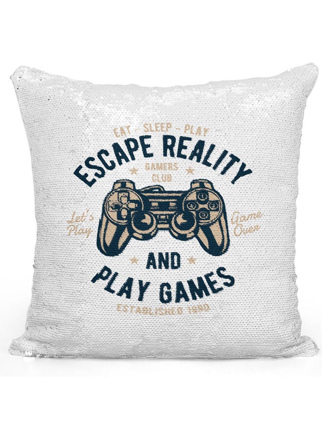Escape Reality Quote Themed Sequin Decorative Throw Pillow White/Black/Silver - Image 1