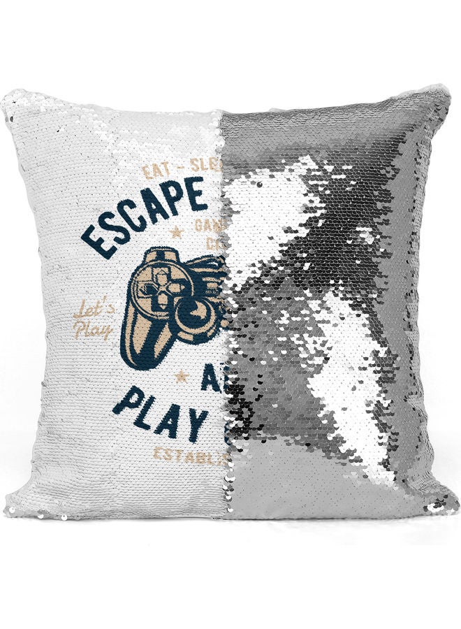 Escape Reality Quote Themed Sequin Decorative Throw Pillow White/Black/Silver - Image 3