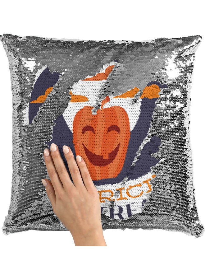 وسادة زينة مزينة بالترتر مطبوع عليها عبارة "No Tricks" أبيض/ فضي/ برتقالي 40x40سم - Image 2