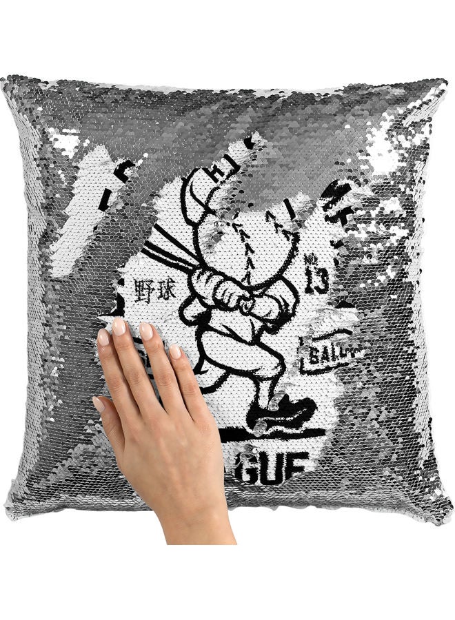 Baseball Champion Sequin Decorative Throw Pillow White/Black/Silver 40x40cm - Image 2